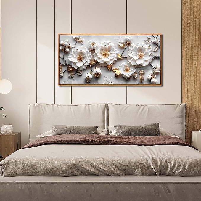 Ouzzlie White Flowers Wall Art for Living Room Floral Beautiful Pictures for Wall Nature Wall Decor Bedroom 24"x 48"
