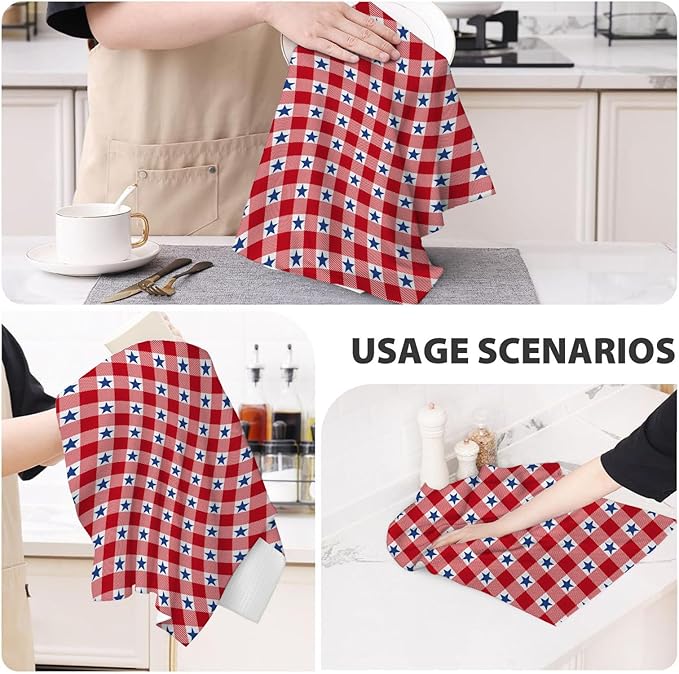 4th of July Kitchen Towels 16x24 Inch Red Buffalo Plaid Blue Patriotic Stars Decor Dish Towels Independence Day Decoration Hand Towels Absorbent Dish Cloths for Home Kitchen Dining Set of 2