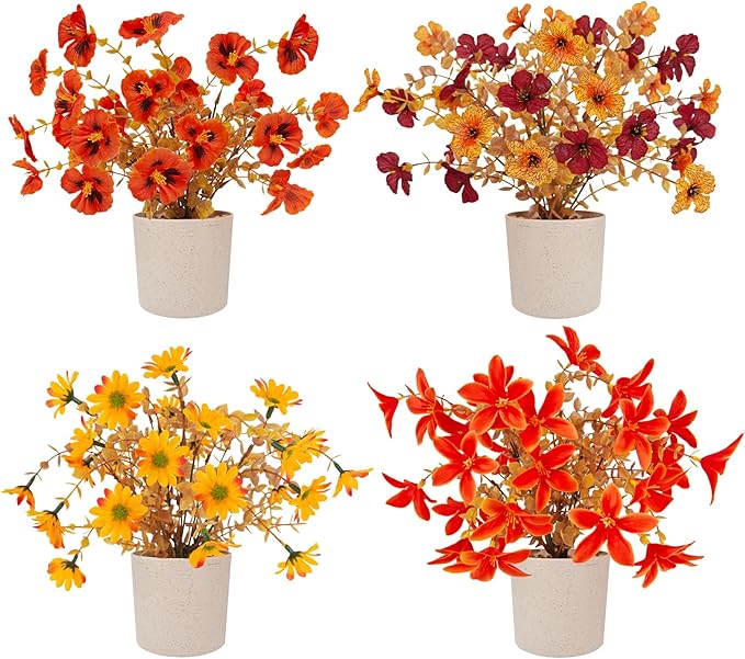 Fake Potted Plants 4pcs, Artificial Fall Flowers with Vase, Autumn Harvest Decoration for Home Indoor Outdoor, Table Plants Farmhouse Decor for Kitchen, Bedroom, Living Room, Bathroom