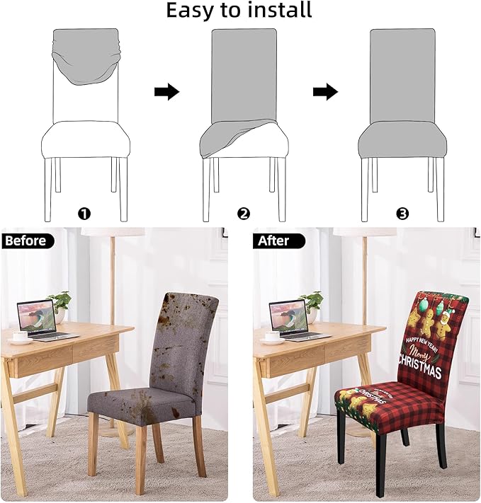 Christmas Chair Covers for Dining Chairs, Dining Room Chair Covers Set of 6, Stretch Parsons Chair Slipcovers, Removable Washable Dining Chair Cover for Home Hotel Banquet Holiday Decoration