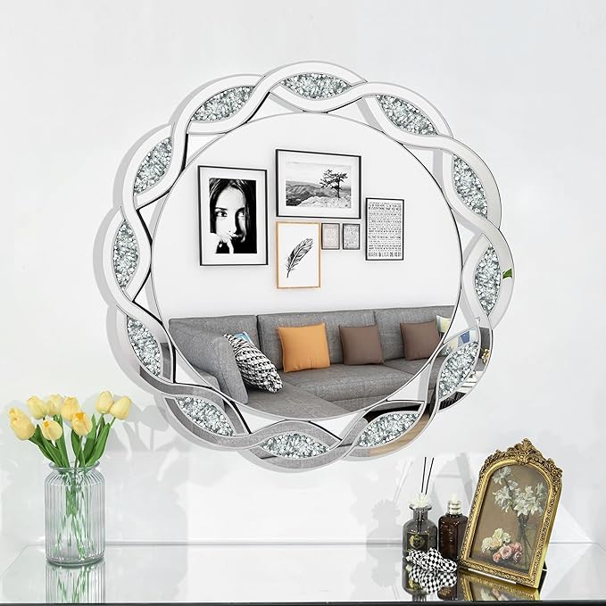 Crystal Decorative Mirror-32 x32 Gorgeous Silver Mirror Crush Diamond Mirror for Wall Decoration Bedroom Bathroom Dining Room and Living Room