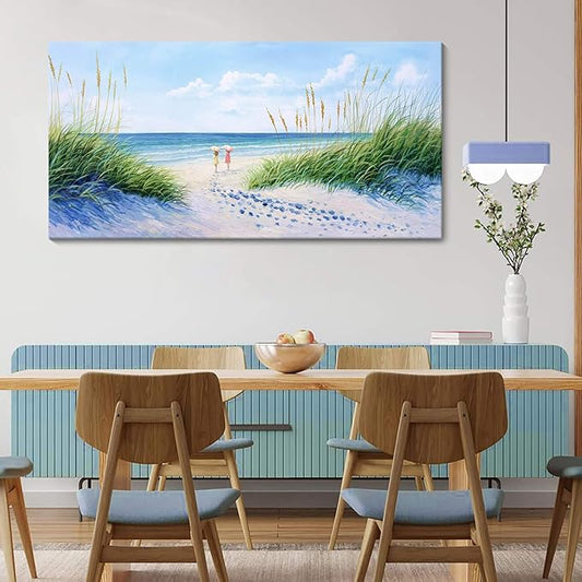 Coastal Wall Art - Large Landscape Wall Art for Living Room, Bedroom Pictures, Ocean Beach Artwork, Blue Wall Art, Above Bed Decor, Coastal Landscape Wall Art,Framed Beach Pinting 29×58IN