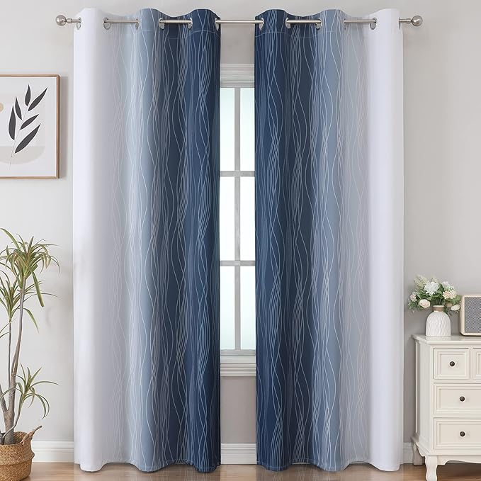 Estelar Textiler Navy Blue and Greyish White Blackout Curtains 84 Inches Long, Full Room Darkening Grommet Curtains for Bedroom,Thermal Insulated Ombre Blackout Drapes for Living Room,42Wx84L,2 Panels