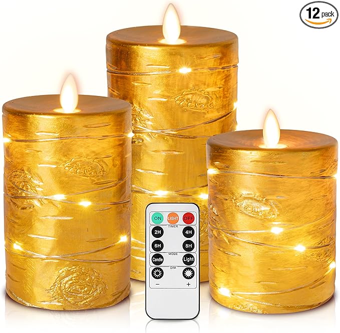Da by Gold Flameless Candle, Battery-Powered Candle with Recessed String Light, LED Candle with 11-Button Remote, 24-Hour Timer Function, Dancing Flame, Real Wax