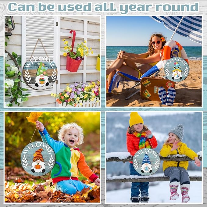 Qunclay Interchangeable Wooden Gnome Decor Holiday Seasonal Gnome Decorations with Magnet Pieces and Detachable Hats Changeable Welcome Sign for Home(Blue Style)