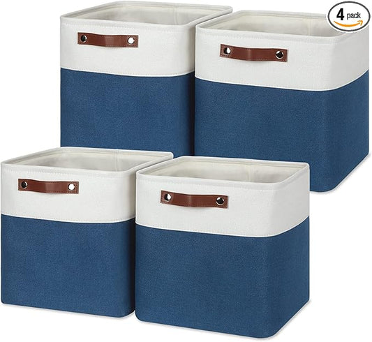 Temary Fabric Storage Cubes 4Pack Blue Fabric Storage Baskets 12 Inch Cube Storage Bins with Handles for Organizing Closet (White&Blue)