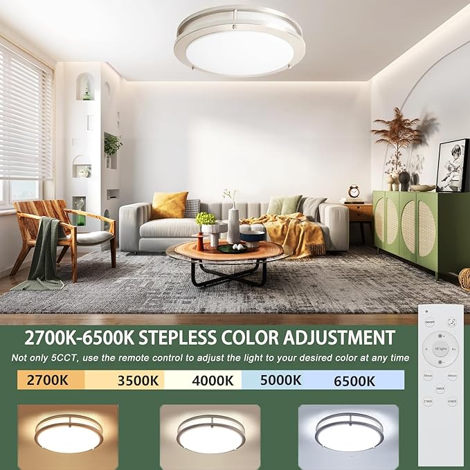 OOWOLF Dimmable LED Flush Mount Ceiling Light Fixture with Remote Control, 13-Inch 36W 2700K-6500K Light Color Adjustable, Super Bright 3600 Lumens Ceiling Lamp for Bathroom, Bedroom, Kitchen, Hallway