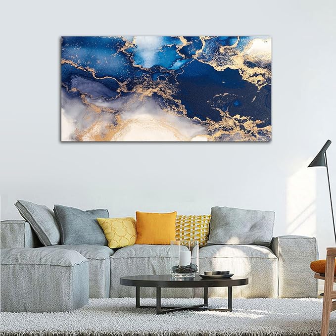 NINEASO Blue and Gold Abstract Wall Art - Deep Blue Ocean Pictures for Home Decor Modern Elegance Canvas Print Wall Decor Vast Ocean from Above Abstract Artwork for Living Room Bedroom 29" x 58"