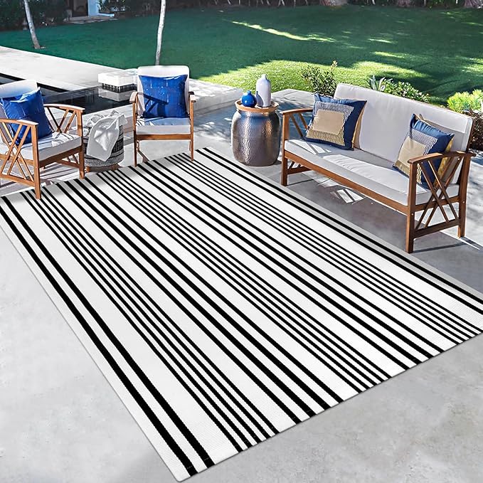 OJIA Outdoor Area Rug 4'x6', Black and White Outdoor Rug Machine Washable Patio Rugs Cotton Hand Woven Door Mats Indoor Outdoor Striped Rugs for Front Porch/Deck/Backyard/Living Room