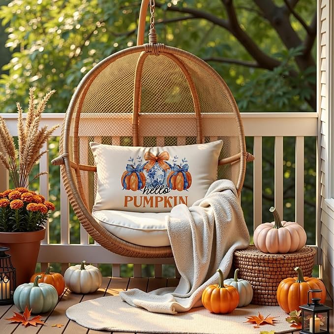 Chinoiserie Fall Hello Pumpkin Pillow Covers 20x12,Autumn Decor,Blue and White Orange Chinoiserie Pumpkin Decorative Throw Pillow Covers for Home Bedroom Living Room