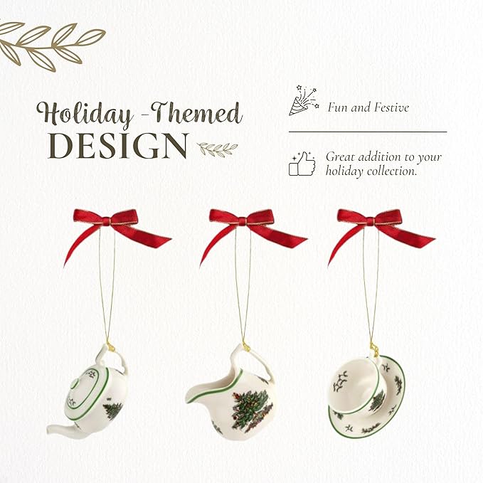 Spode Christmas Tree 3-Piece Tea Set Ornament, Durable Holiday Ornament for Festive Decor & Winter Wonderland Display - Sleek Seasonal Ornaments for Tree, Mantel, Holiday Home Decoration