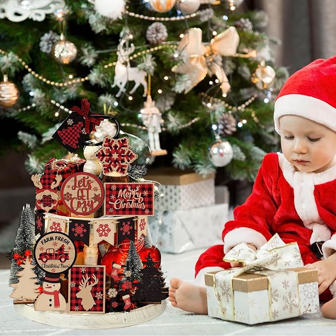 17 Pcs Christmas Tiered Tray Decor Set Winter Tiered Tray Decorations Farmhouse Tabletop Centerpiece Christmas Wooden 3D Sign for Xmas Home Buffalo Plaid Rustic Table Decoration(Retro)