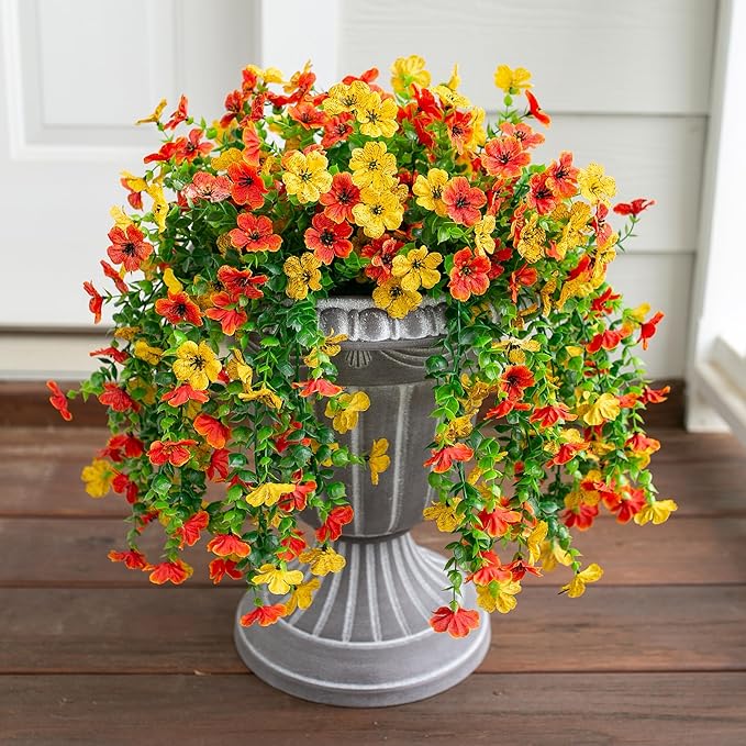 Artificial Flowers for Outdoors Decoration, 2Pcs Fake Hanging Spring Decor, Yellow and Orange Realistic Plants, UV & Fading Resistant Silk Flower for Porch Patio Balcony Planter Yard