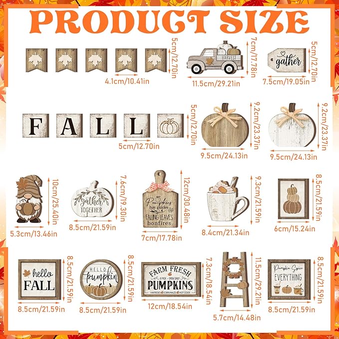 24 Pcs Fall Tiered Tray Decoration Set Thanksgiving Table Sign Pumpkins Farmhouse Decor Gnome Maple Leaves Decorative Trays Harvest Wood Blocks Signs Fall Block Tabletop for Autumn