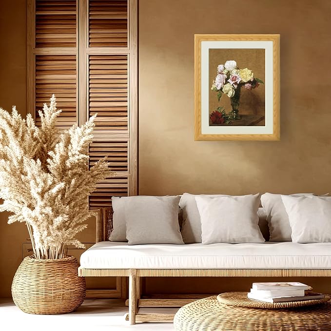 Brivoria Framed Canvas Wall Art Vintage Decor, Majestic Autumn Floral Still Life with Colorful Roses in Fluted Vase and Warm Rustic Tones for Living Room Dining Room Fireplace or Gallery Display,16x20