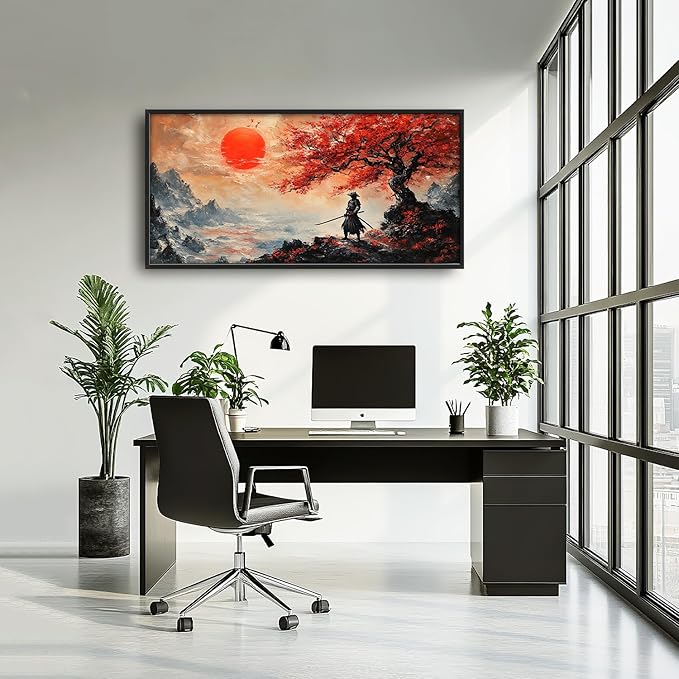 Flintis Large Samurai Framed Wall Art Japan Warrior Pictures Wall Decor Abstract Japanese Art Canvas Painting Print Artworks Decor Framed for Living Room Bathroom Master Bedroom Office 60L X 30W