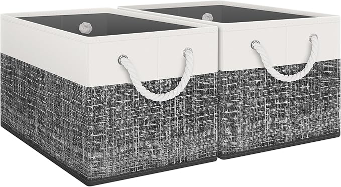 Fab totes Storage Bins [2-Pack], Foldable Storage Baskets for Organizing Toys, Books, Shelves, Closet, Large Storage Box with Rope Handles, Sturdy Organizer Bins, White & Black