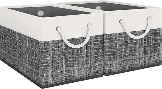 Fab totes Storage Bins [2-Pack], Foldable Storage Baskets for Organizing Toys, Books, Shelves, Closet, Large Storage Box with Rope Handles, Sturdy Organizer Bins, White & Black