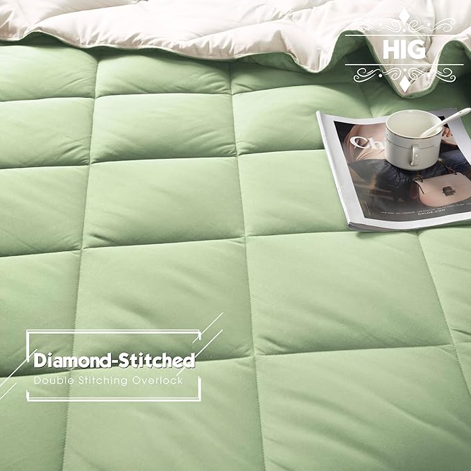 HIG 3pc Sage Green King Size Comforter Set -All Season Reversible Down Alternative Comforter with Two Shams -Quilted Duvet Insert with Corner Tabs - Diamond Stitched Blanket - Breathable, Soft, Fluffy