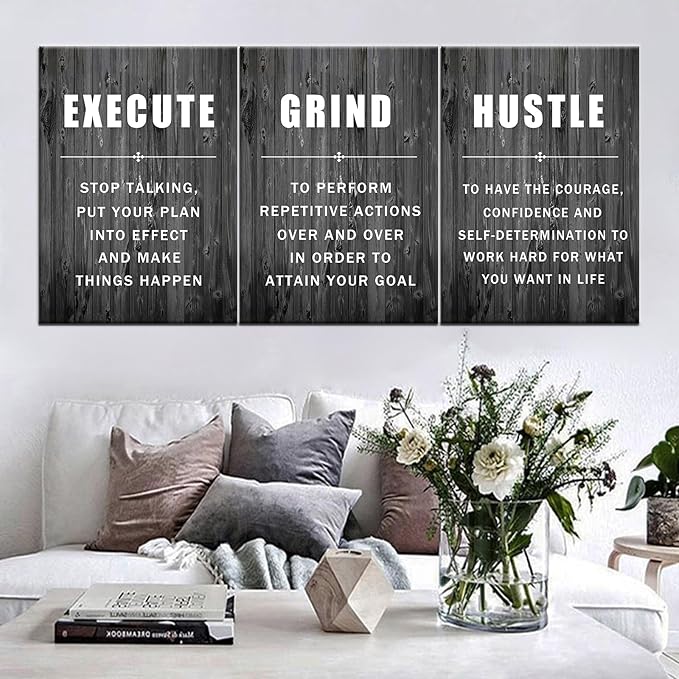Execute Grind Hustle Inspirational Poster 3 Pieces Motivational Wall Art Canvas Prints Artwork for Living Room Modern Home Decor Painting Pictures Stretched and Framed Ready to Hang [60''Wx 28''H]