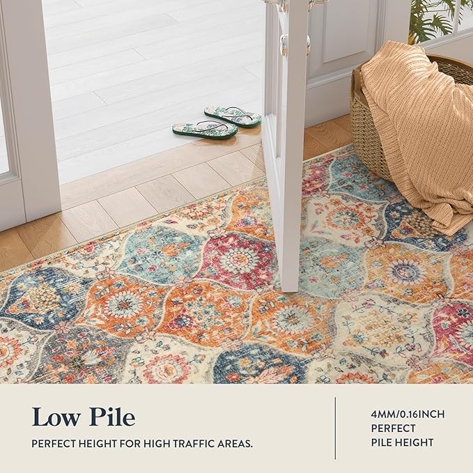Lahome Moroccan Hallway Runner Rug, 2'5''x8' Ultra-Thin Washable Runners for Hallways Kitchen, Oriental Laundry Room Rug Non-Slip Vintage Long Carpet for Entryway Bedroom Bathroom, Cream/Multi