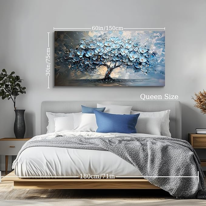 crmotu Tree of Life Large Wall Art for Living Room, Blue Floral Tree Abstract Canvas Prints Aesthetic Pictures, Modern Neutral Wall Decor for Bedroom Bathroom Office, Nature Botanical Decor 30"X60"