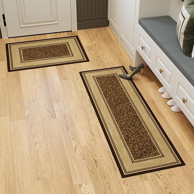 Ottomanson 2-Piece Kitchen Rug Set - Non Slip, Runner & Small Area Rug - Border - 20" x 59" & 2'3" x 3' - Durable, Stain Resistant for Entryway, Bedroom and Bathroom, Brown