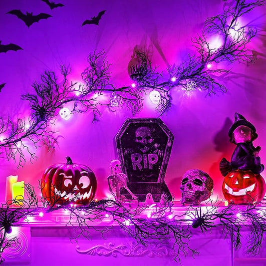 Brightown Halloween Decorations Garland with Lights, 6 Feet 20 LED Purple Lights Vine Garland with Spider, Skull, Battery Operated for Fireplace Mantle Wall Table Door