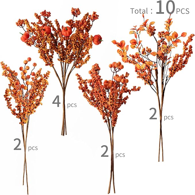 MISSPIN 10 PCS 18 inch Fall Decor Bouquets, Fall Decorations Indoor Outdoor Halloween Thanksgiving Farmhouse Arrangement Decorations for Front Door Wedding Centerpieces in Autumn (Pumpkin Berry)