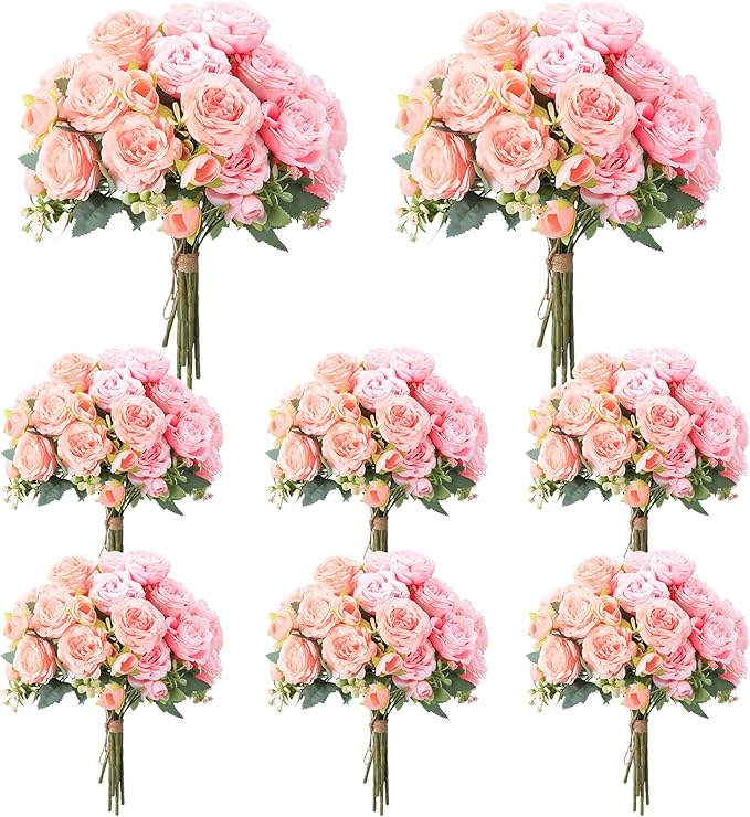 Geosar 8 Bundles Artificial Peonies Flowers Fake Silk Peony Bouquet Faux Peonies Flowers Bulk for Decoration Vase Florals Arrangements Wedding Party Table (Peach Pink,Light Pink)