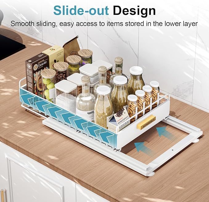 Under Sink Organizer, Kitchen Pull Out Cabinet Organizer, Mute Slide Out Metal Under Sink Organizers and Storage Shelves for Kitchen Bathroom Laundry Cabinet Pantry, White