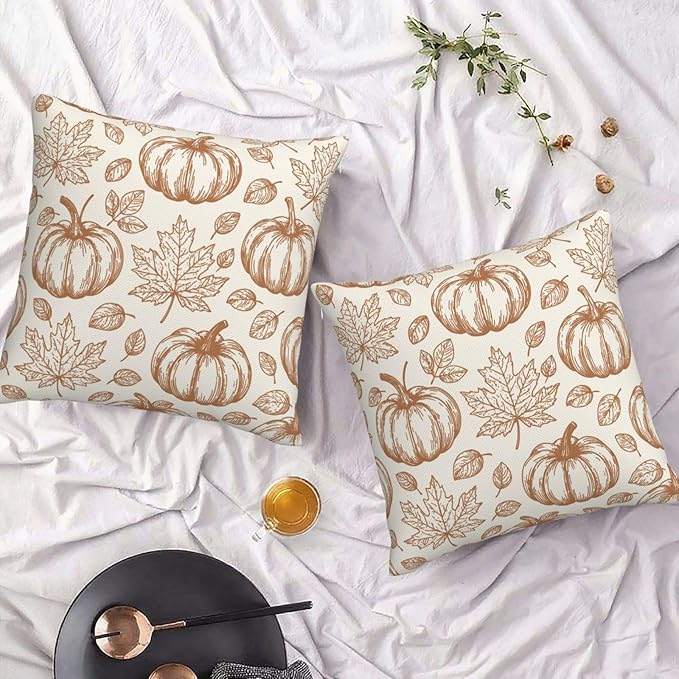 Fall Pumpkin Pillow Covers 20x20 inch Set of 2, Linen Autumn Outdoor Thanksgiving Harvest Fallen Leaves Rustic Farmhouse Decorations for Sofa Couch