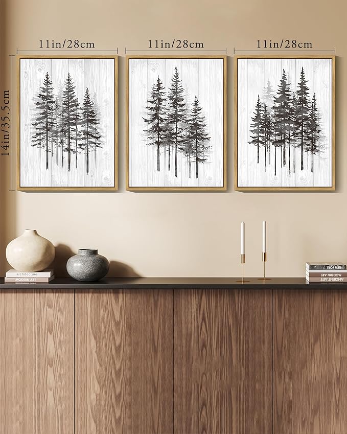 KUVIOKE Modern Pine Tree Framed Wall Decor Nature Forest Wall Decor Vintage Rustic Minimalist Paints for Farmhouse Bedroom Dining Room Decor11x14in (Natural Framed)
