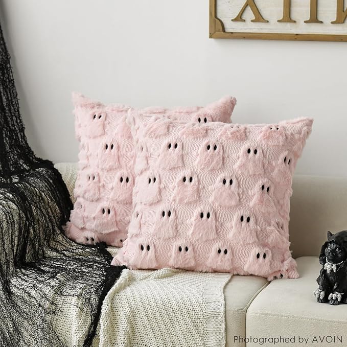 AVOIN colorlife Halloween Ghost Pink Throw Pillow Cover Set of 2, 18 x 18 Inch Soft Plush Faux Fur Jacquard Spooky Cushion Case Decoration for Sofa Couch