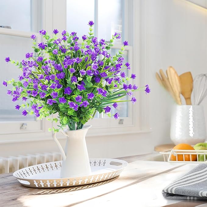 Sggvecsy Artificial Flowers for Outdoors 24 Bundles UV Resistant Boxwood Shrubs Artificial Eucalyptus Fake Plants Faux Plastic Greenery for Farmhouse Garden Home Indoor Outdoor Decoration（Purple）