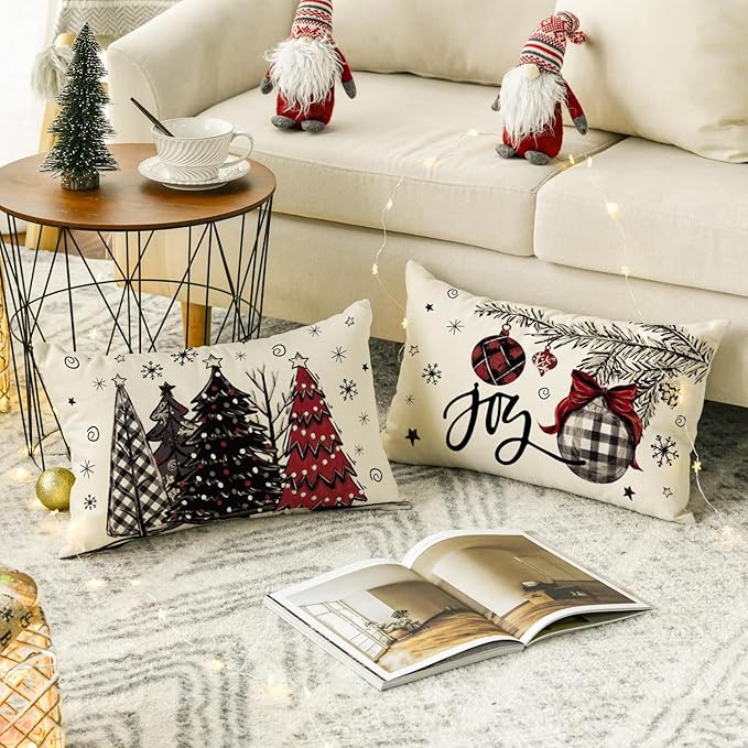 AVOIN colorlife Merry Christmas Joy Xmas Trees Red Throw Pillow Covers, 12 x 20 Inch Christmas Winter Holiday Cushion Case Decoration for Sofa Couch Set of 4