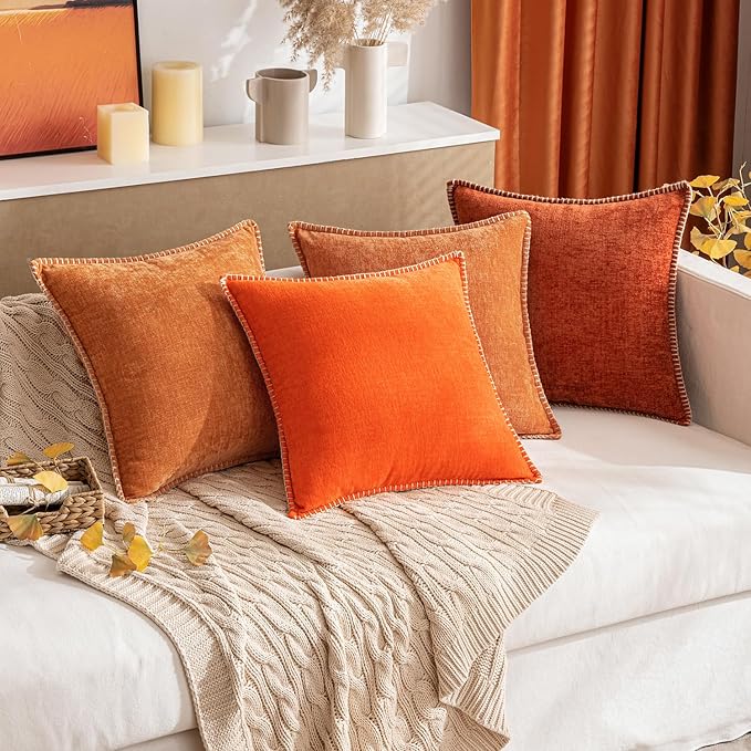 MIULEE Pack of 2 Fall Couch Throw Pillow Covers 20x20 Inch Bright Orange Farmhouse Decorative Pillow Covers with Stitched Edge Soft Chenille Solid Dyed Pillow Covers for Sofa Bed Living Room