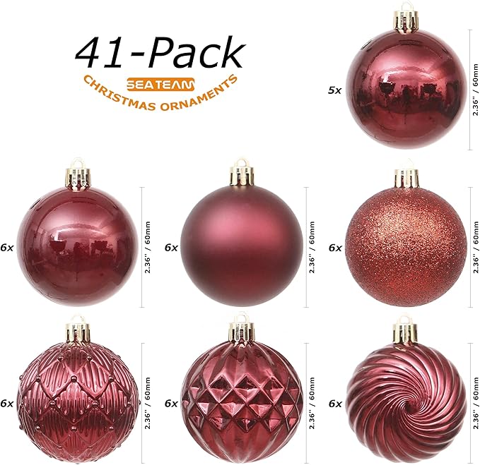 Sea Team 41-Pack Christmas Ball Ornaments with Strings, 60mm/2.36-Inch Small Size Baubles, Shatterproof Plastic Christmas Bulbs, Hanging Decorations for Xmas Tree, Holiday, Wedding, Party, Burgundy