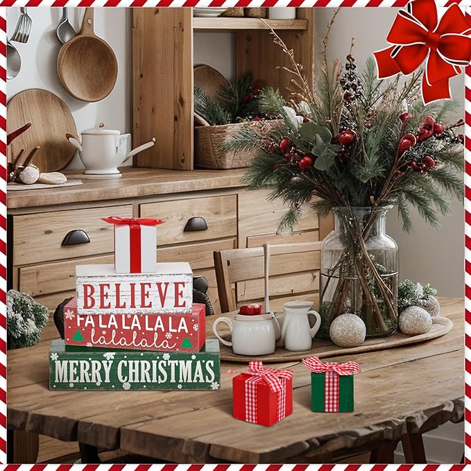 Geelin 4 Pieces Merry Christmas Wooden Table Decorations Xmas Present Box Wooden Signs Rustic Christmas Tiered Tray Decor Xmas Believe Tabletop Centerpieces for Home Desk Room Kitchen Shelf