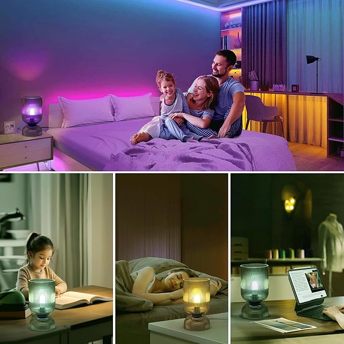 Modern RGB Glass Table Lamp with Remote，Color Changing Bedside Lamp with Green Glass Shade, 16 Colors, On/Off Cord Switch, Nightstand Lamp for Bedroom, Living Room, Office,Bulb Included