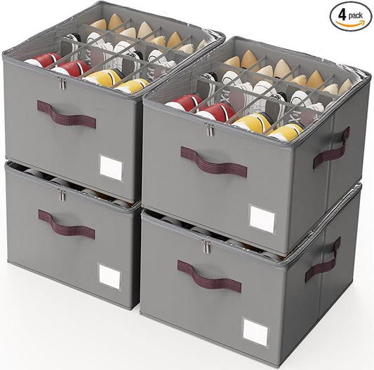 Criusia Shoe Organizer for Closet, 4 Pack Shoe Organizer with Transparent Cover and Sturdy Handles, Closet Shoe Storage for Sneakers Sandals Slippers, Fit 12-16 Pairs, Gray
