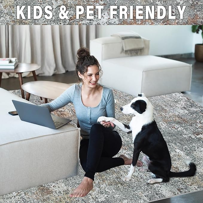 Area Rug Living Room Rugs: 6x9 Rug for Bedroom Machine Washable with Non Slip Backing Non Shedding Abstract Stain Resistant Large Carpet for Dining Room Nursery Home Office - Gray