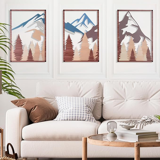 OUR NEST Metal Wall Art Set of 3 – Abstract Mountain Landscape Panels, 3D Rustic Nature Wall Decor for Living Room, Bedroom, Bathroom – Minimalist Metal Wall Sculpture, Modern Home Décor Gift (16" x 11")