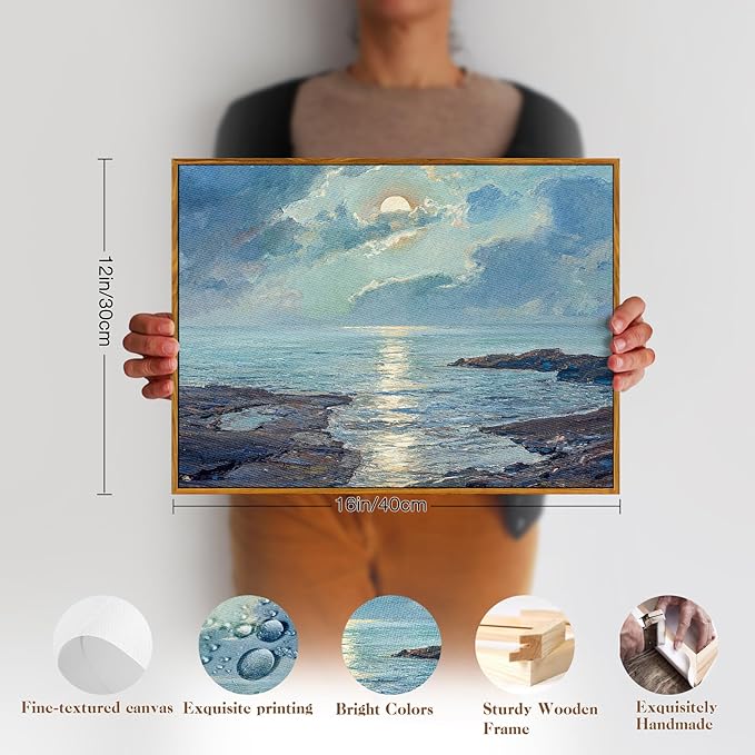 crmotu Landscape Framed Wall Art, Coastal Scenery Vintage Canvas Prints, Moonlit Night Aesthetic Decor Pictures, Blue Ocean French Country Wall Paintings for Living Room Bedroom Bathroom 12x16in