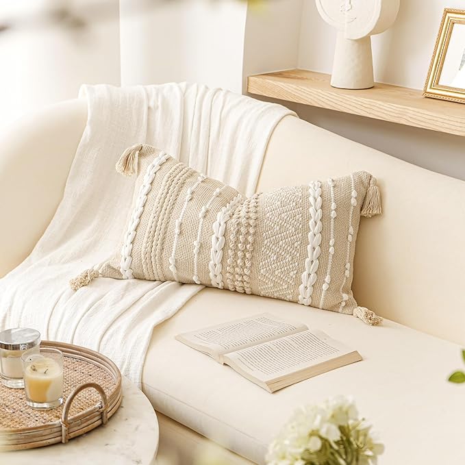 Decorative Lumbar Pillow Cover 14x24, Cream White Boho Accent Throw Pillow Case for Couch Sofa Bed, Modern Farmhouse Textured Lumbar Cushion Bedroom Living Room, Cover ONLY