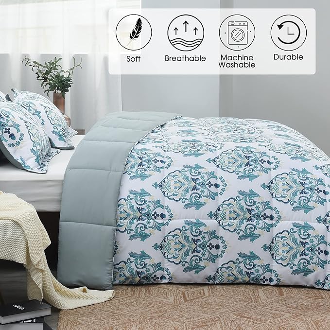 Beyond Twin Comforter Set - Green Floral, Lightweight Down Alternative