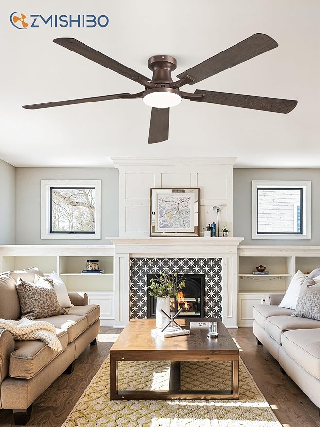 ZMISHIBO 60 Inch Ceiling Fan with Light, App&Remote Control, Flush Mount Low Profile, Dimmable 20W LED Light, Quiet Reversible Motor for Bedroom, Living Room, Apartment, Brown