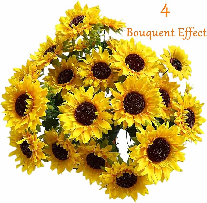 4 Bunches Artificial Flowers Sunflower Bouquets with Stems Silk Sunflowers Fake Yellow Flowers for Wedding Decor, DIY Garden Craft Art Decor, Party Decor, Home Decoration, Bride Holding Flowers