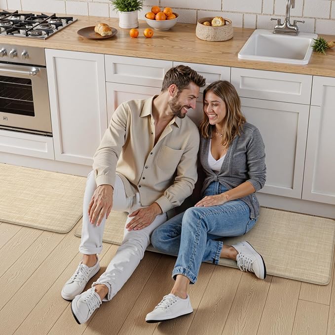 KIMODE Anti Fatigue Kitchen Mats 20"x47"+20"x32", Farmhouse Kitchen Rugs Sets of 2, Cushioned Non Skid Kitchen Mats for Floor, Comfort Kitchen Floor Mats for Sink Laundry Desk Beige