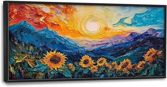 Starry Night Sunflowers Framed Wall Art for Living Room, Large Flowers Canvas Wall Decor, Vintage Florals Pictures Painting, Modern Artwork for Bathroom Bedroom 60L'' × 30W''